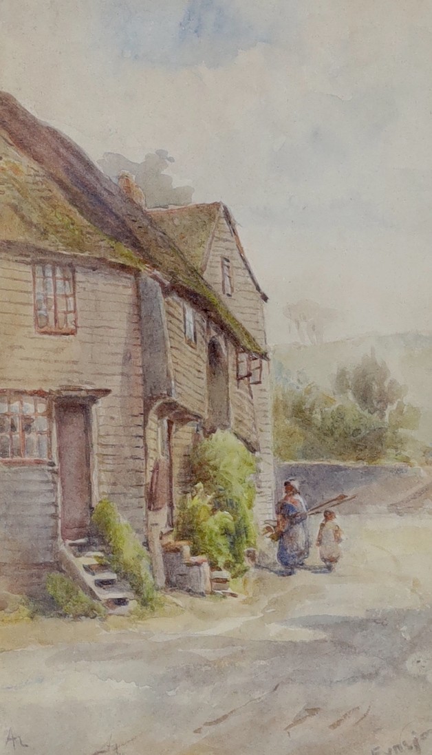 19th century English School, two watercolours, Fisherfolk beside cottages at Eynsford and Figures with a donkey cart, 20 x 12cm and 11 x 12cm